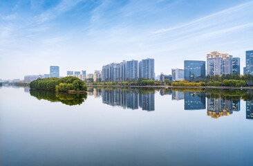 Beautiful Fenhe Park and Taiyuan city skyline in Shanxi, China