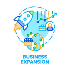 Naklejka premium Business Expansion Success Vector Icon Concept. Company Expansion And Opening Office Branches In Worldwide, Growth Profit And Statistic. Financial Market Globalization Color Illustration