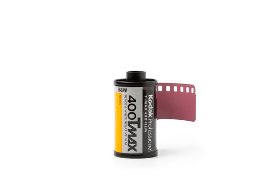A roll of Kodak Tmax 400 35mm camera film isolated on a white background: Latvia, Riga, January 26, 2021
