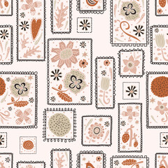 Cute decorative flowers in elegant frames. Vintage vector seamless pattern.  Can be used in textile industry, paper, background, scrapbooking.