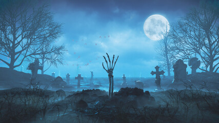 3d render Zombie hand crawls out of the ground at night against the background of the moon in the cemetery