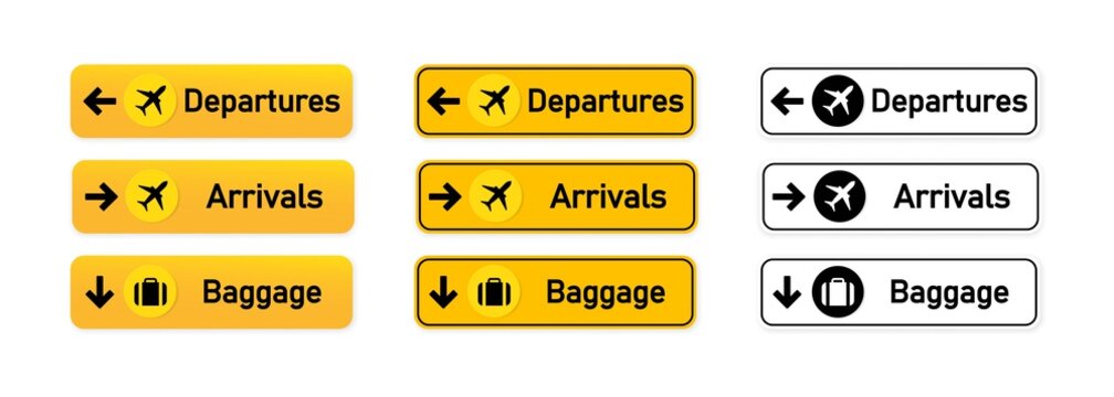 Departures, arrivals, baggage airport sign set. For using to identify direction of various locations and purposes around an airport. Vector on isolated white background. EPS 10