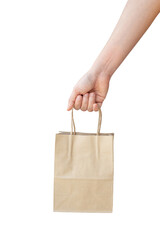 Close up hand holding paper bags on white background. Reduce Global Warming.