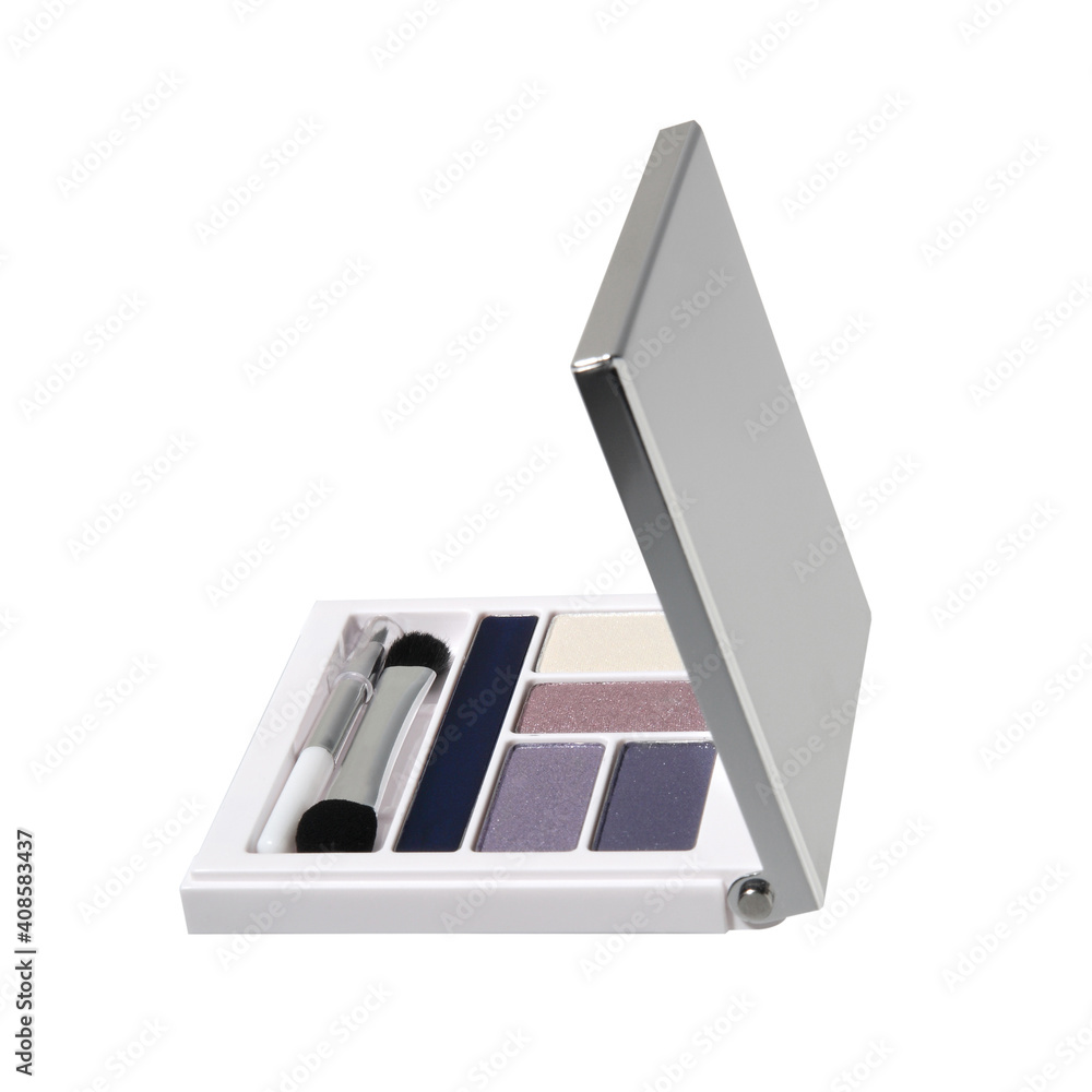 Wall mural Open cosmetic set with eye shadows, makeup brushes and applicators in silver plastic case