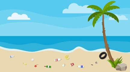 Fototapeta na wymiar Ecological catastrophy. Beach pollution with household waste. Vector illustration.