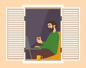 Guy working with the computer and drinking coffee on balcony of his house. Man on freelance looks out the window. Male character is working at home. Citizen stays at home, daily life routine
