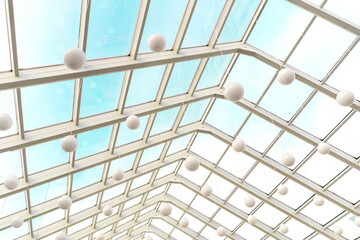 Modern transparen roof in futuristic interior with white arches in perspective. Sphere white lamps.