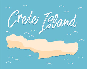 Crete island travel map flat vector illustration. The drawing of the territory of the part of Greece. Terrain map of an island surrounded by sea or ocean waters with an inscription at the top