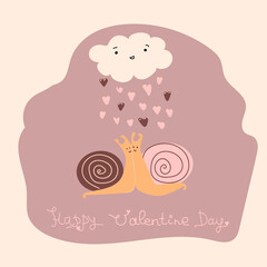 Сloud with pink and brown hearts. Couple of cute little snails together. Vector Valentine's Day card.  Cartoon illustration. Romantic holiday Valentine Day poster or greeting card, banner