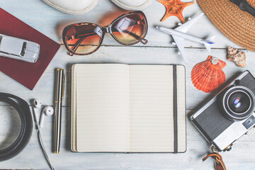 summer holiday background beach accessories white wood copy space vacation travel items concept (18)