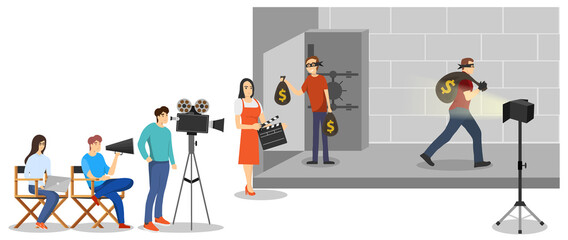 Shooting of the film. The director is filming an episode of the film. Vector illustration.