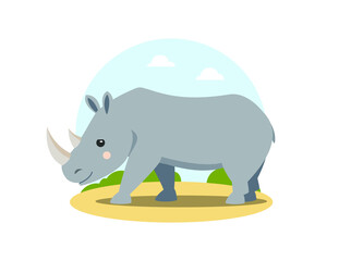 Gray rhino in flat cartoon style walking in african landscape. Happy friendly rhinoceros. Wild animal. Isolated cute children's illustration on white background. Vector, EPS10.