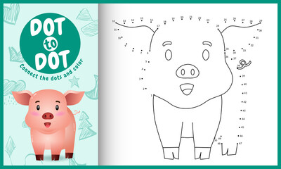 Connect the dots kids game and coloring page with a cute pig character illustration