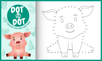Connect the dots kids game and coloring page with a cute pig character illustration