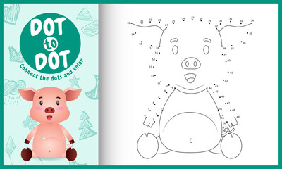 Connect the dots kids game and coloring page with a cute pig character illustration