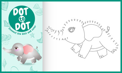 Connect the dots kids game and coloring page with a cute elephant character illustration