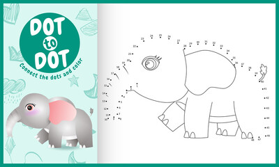 Connect the dots kids game and coloring page with a cute elephant character illustration