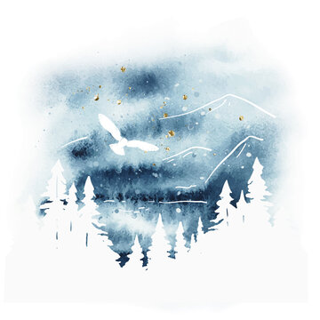 Watercolor magic vector landscape in blue, golden and white colors. Forest, lake, mountains and owl under night sky. Hand drawn illustration