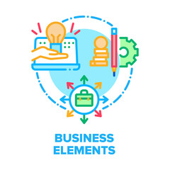 Business Elements Equipment Vector Icon Concept. Business Case And Laptop For Realization Idea And Earning Money, Office Tool And Stationery. Digital Gadget And Working Process Color Illustration