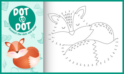 Connect the dots kids game and coloring page with a cute fox character illustration