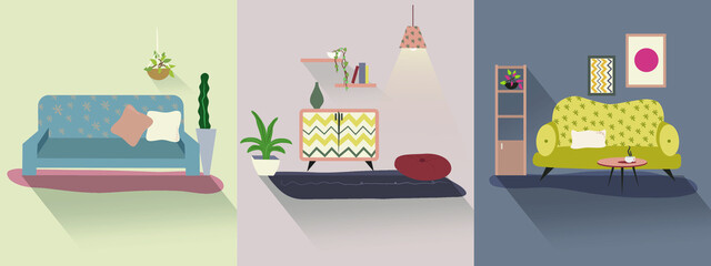 Home furniture set, colorful flat design rooms: living room with sofa, plants, table, lamps, dresser and shelves, and a leisure room for yoga, relaxation or exercise. Vectorized, 3 illustrations.