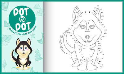 Connect the dots kids game and coloring page with a cute husky dog character illustration © riko_design