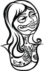 Old school tattoo.comic halftone and pop art style.Women in mask of a lion and flower, Hand drawn vector