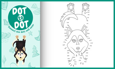 Connect the dots kids game and coloring page with a cute husky dog character illustration