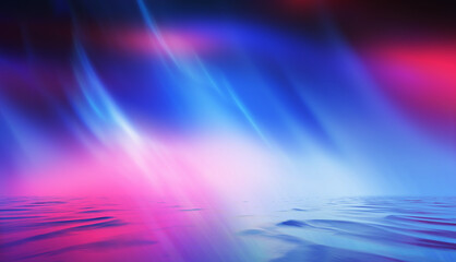 Dark abstract background. Neon multicolored light reflects on the water. Beach party, light show. Blurry lights glisten on the surface. 3d illustration