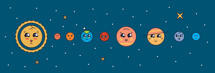 Funny solar system. Live cute planets. The structure of the solar system for children.