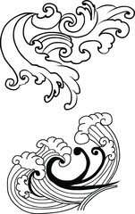 water splash and Japanese ocean for tattoo.Line Thai wave tattoo.Japanese wave vector set and thai style.Outline wave dawn from Line Thai style.Thai water wave isolate on white background.