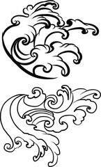 Fototapeta premium water splash and Japanese ocean for tattoo.Line Thai wave tattoo.Japanese wave vector set and thai style.Outline wave dawn from Line Thai style.Thai water wave isolate on white background.