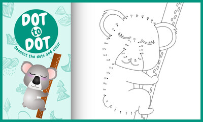 Connect the dots kids game and coloring page with a cute koala character illustration