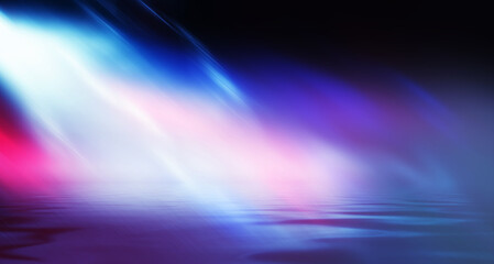 Dark abstract background. Neon multicolored light reflects on the water. Beach party, light show. Blurry lights glisten on the surface. 3d illustration