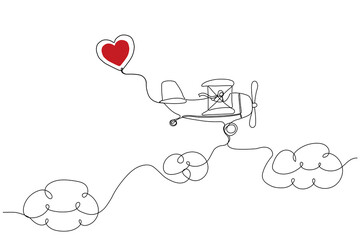 The plane carries the heart. One line drawing. Gift for Valentine's Day, for a wedding, for the holiday. Vector illustration.