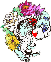 Japanese koi carp coloring book and traditional tattoo.Japanese tattoo design full back body.The Old Dragon and koi carp fish with water splash and peony flower,cherry blossom,peach blossom