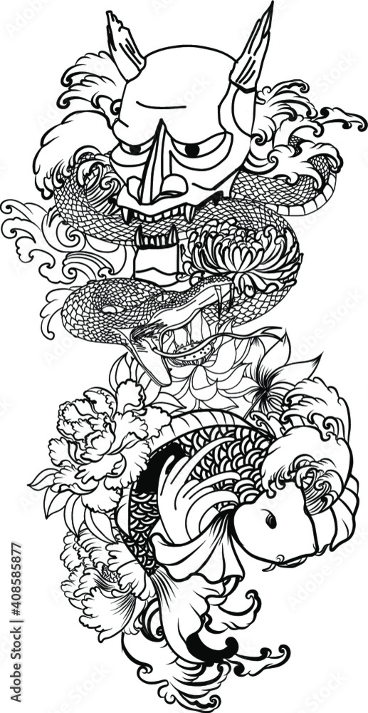 Wall mural japanese koi carp coloring book and traditional tattoo.japanese tattoo design full back body.the old