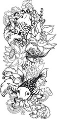 Fototapeta premium Japanese koi carp coloring book and traditional tattoo.Japanese tattoo design full back body.The Old Dragon and koi carp fish with water splash and peony flower,cherry blossom,peach blossom