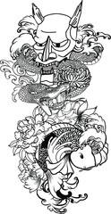 Japanese koi carp coloring book and traditional tattoo.Japanese tattoo design full back body.The Old Dragon and koi carp fish with water splash and peony flower,cherry blossom,peach blossom