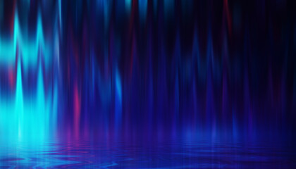 Dark abstract background. Neon multicolored light reflects on the water. Beach party, light show. Blurry lights glisten on the surface. 3d illustration