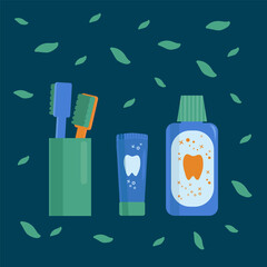 A set for brushing your teeth. Collection of tools for cleaning teeth and oral cavity. Toothpaste, mouthwash, Brushes in a glass. Vector illustration
