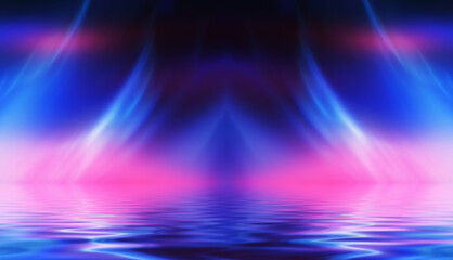 Dark abstract background. Neon multicolored light reflects on the water. Beach party, light show. Blurry lights glisten on the surface. 3d illustration