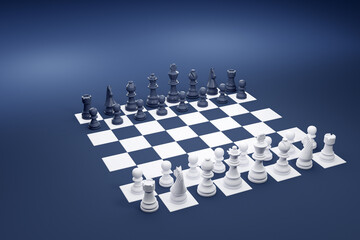 Blue and white chess board blending into blue background color. 3D illustration