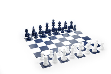 Blue and white chess board blending into white background color. 3D illustration