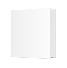 Square Book Mockup. 3d Vector Realistic. Empty Template. Standing closed book with white hardcover. Blank Magazine, album, catalog or diary on white background. EPS10.