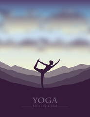 Fototapeta na wymiar girl makes yoga on mountain landscape at beautiful sunset vector illustration EPS10