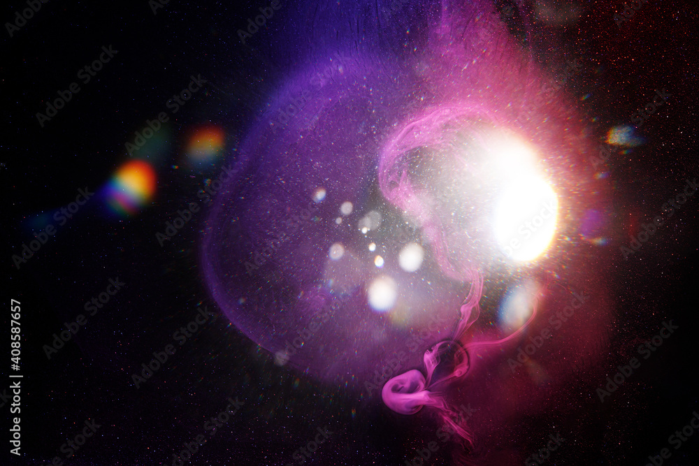 Aufkleber Lens Flare. Light over black background. Easy to add overlay or screen filter over photos. Abstract sun burst with digital lens flare background. Gleams rounded and hexagonal shapes, rainbow halo.
