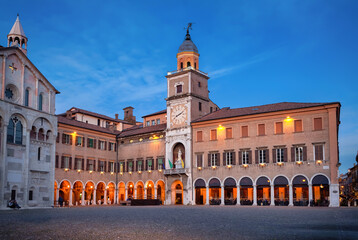 Modena, Italy. Historic building of Town Hall at dusk