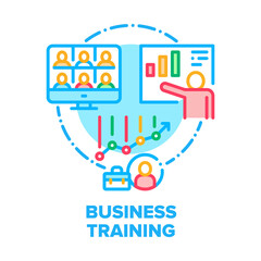 Fototapeta na wymiar Business Training Webinar Vector Icon Concept. Online Educational Webinar, Video Call Communication With Students And Teacher, Online Business And Financial Courses Color Illustration