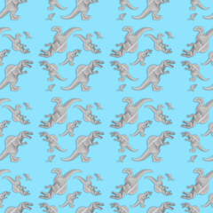 Creative seamless dinosaur pattern on blue background. Abstract art.